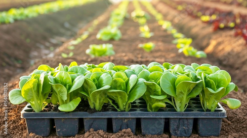 Young lettuce seedlings grow in rich brown soil with vibrant green leaves arranged in rows under warm natural light and soft focus