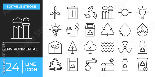 Environmental icon set. Containing  ecology, nature, water, recycle, renewable, pollution, battery, electric and more. Vector illustration