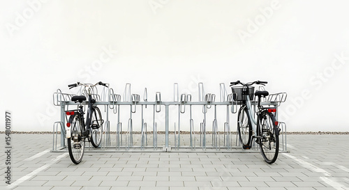 Two bicycles are parked in a metal bike rack on a paved surface. The design is minimal, with both bikes having rear lights. The silver rack is partially filled, offering ample space