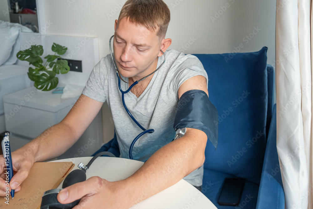Obraz premium Man writing results of measuring blood pressure with manual sphygmomanometer and stethoscope at home. Hypertension measurement and tracking. Responsibility in health, routine health checks