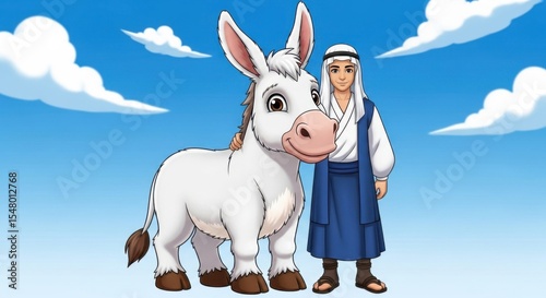 Man and the Donkey Journey Across a Bright Blue Sky