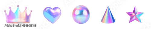 Set of 3D objects with holographic, iridescent metallized surface in holographic chrome and iridescent plastic style. Polished effect with high reflectivity. with soft inner glow and pearlescent gradi