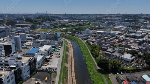 鶴見川と青砥町･川和町の町並み（空撮） - 横浜市緑区･都築区,日本