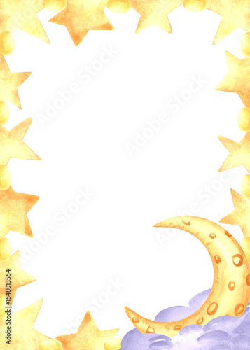 Frame with crescent moon and stars watercolor illustration for baby desings. Hand drawn isolated postcard template from yellow sparkle. Background with copy space in cute kids style for invitations.