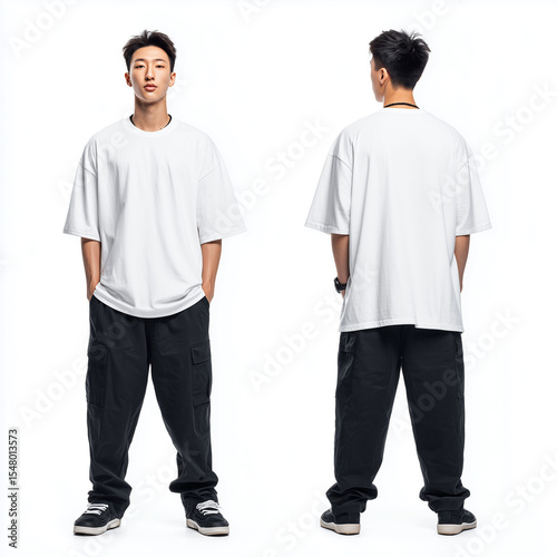 Front and back view of a cool Asian man in a white oversized t-shirt and baggy black cargo pants, standing against a clean white background, perfect for streetwear and casual apparel mockups.

