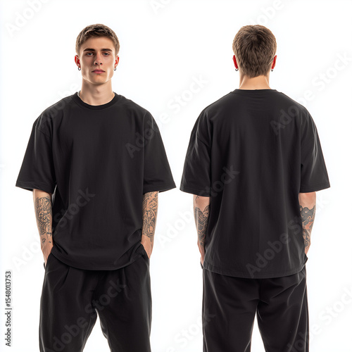 Front and back view of a young Caucasian man wearing a black oversized t-shirt and matching dark pants, standing against a white background, perfect for casual apparel, streetwear, and clothing mockup