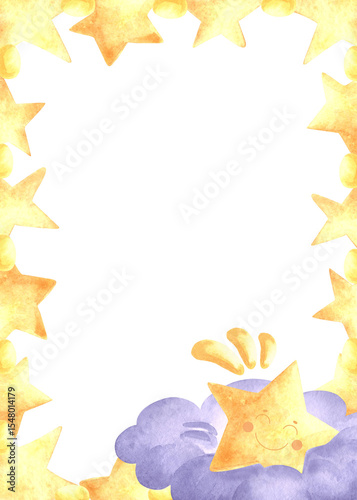 Frame with yellow sleeping little star watercolor illustration for baby desings. Hand drawn isolated postcard template from golden sparkle. Background with copy space in cute kids style for invitation