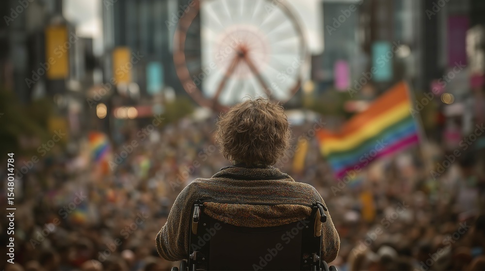 Obraz premium Female at city parade with ferris wheel and rainbow flag in background