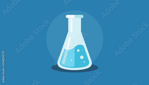 Laboratory flask filled with blue liquid on a blue background  