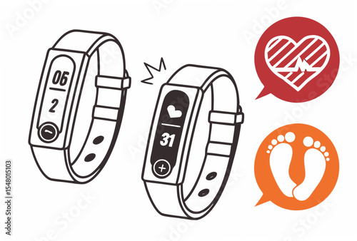 Flat design fitness tracker icons smartwatch and bracelet illustrations