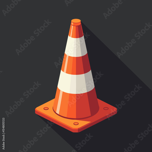 Traffic cone in orange and white colors on dark background  