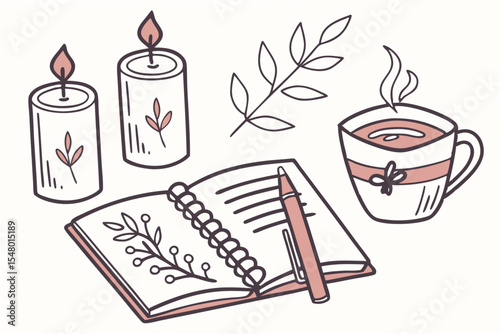 Hand drawn self care icons candles and wellness