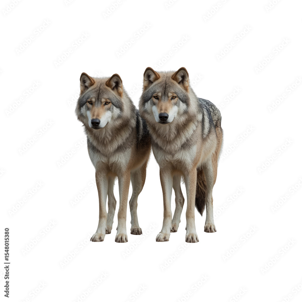 Obraz premium Majestic Pair of Wolves Standing Together on Transparent Background