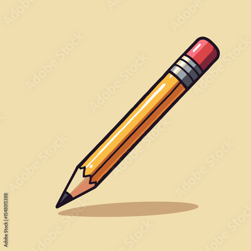 Cartoon pencil with red eraser on beige background  