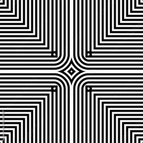 Symmetrical pattern made of black and white lines converging at the center, creating a mesmerizing optical illusion with depth