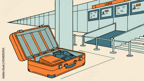 Open suitcase travel luggage at airport terminal cartoon illustration for travel and vacation planning tips