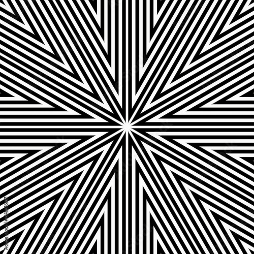 Intricate design features black and white lines converging at the center, creating a striking visual effect with depth and perspective