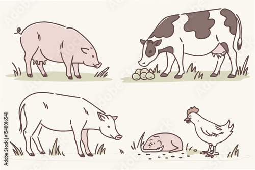 Watercolor farm animals cows and pigs illustration set
