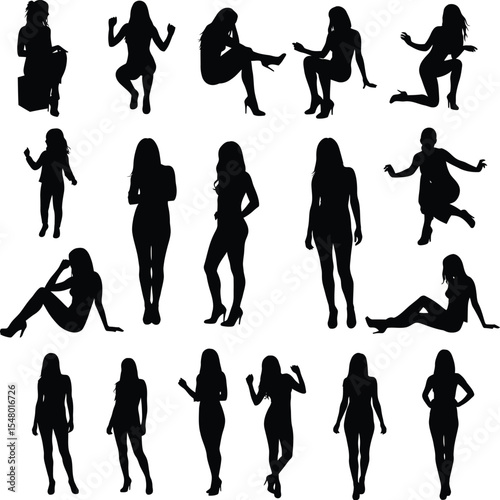 Black Silhouette Collection of Women in Various Poses on White Background in Minimalist Vector Style
