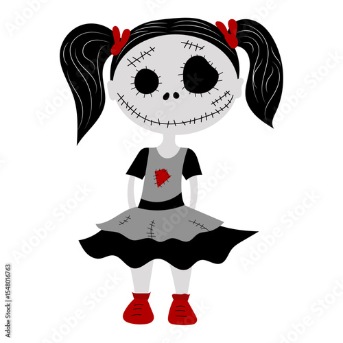 Vector illustration of a creepy stitched doll with big black eyes, red bows, in a gray dress with a red patch and red shoes on a white background. Halloween.