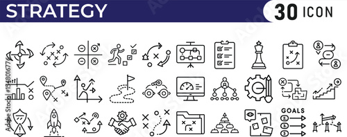 Business strategy icon collection. Containing business, planning, strategy, strategic plan, brainstorming, analysis, statistics icon.