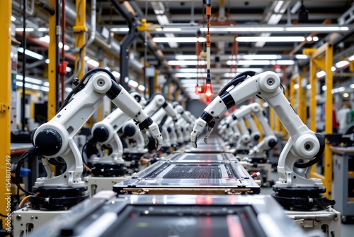 Robotics in Action: An automated factory line showcases robotic arms, working in precise unison, reflecting the advanced technologies of modern industry. 