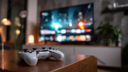 Ultra HD 4K TV Screen Displaying Vibrant Night Cityscape with Bright Lights and Colorful Reflections in a Modern Living Room Setting