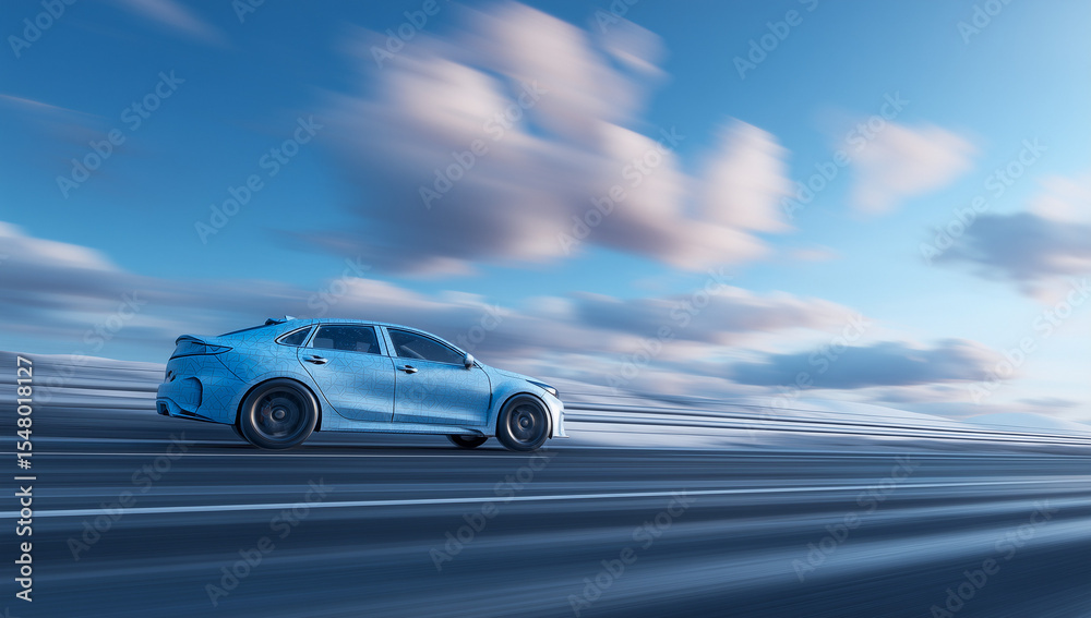 Naklejka premium Dynamic shot of a sleek light blue sports car in motion on a blur-effect road under a dramatic cloudy sky, conveying speed, modern design, and advanced engineering for automotive industry and high-per