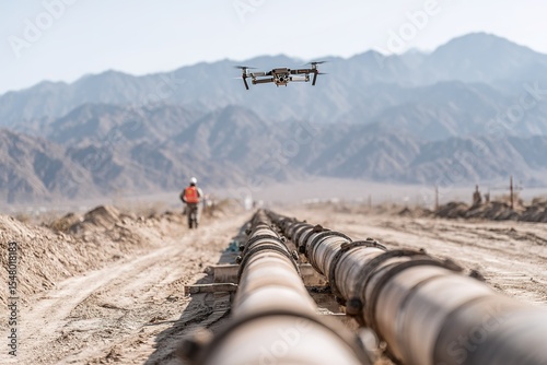 Drone surveys pipeline installation in remote desert area under clear skies
