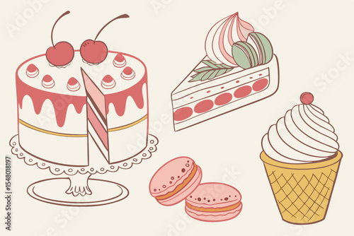 Watercolor cakes and desserts a delicious vector set