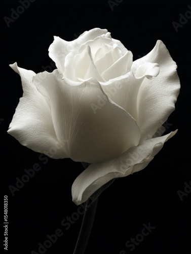 Elegant white rose flower with detailed delicate petals isolated on black background for floral, nature, and botanical design photo