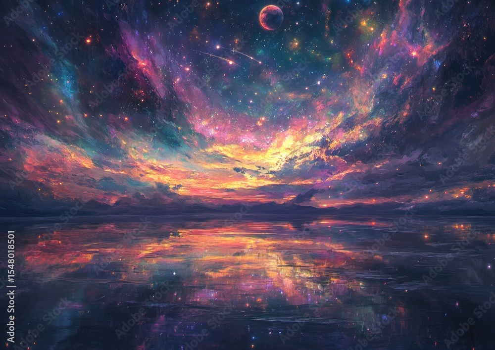 Fototapeta premium A vibrant celestial landscape reflecting a colorful sunset across a calm lake