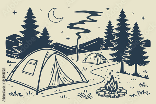 Hand drawn camping scene with tents and nature