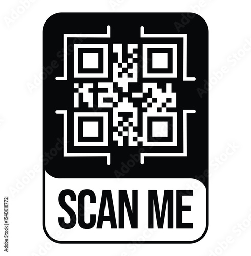 Black and white QR code with "SCAN ME" text below in bold sans-serif font. Simple, clean, flat design with rectangular black border. Minimalistic and functional style.