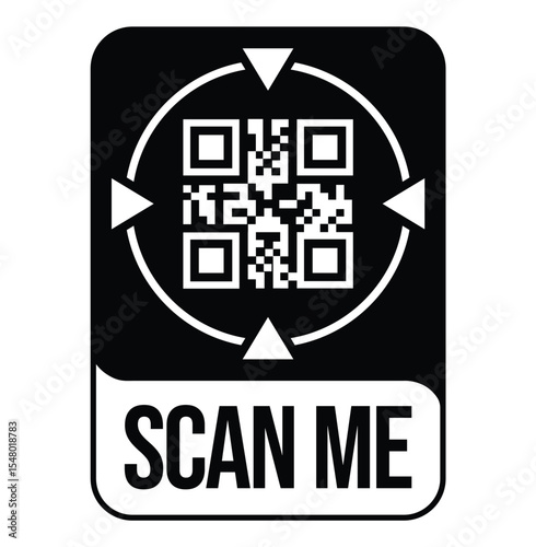 Black and white QR code with "SCAN ME" text below in bold sans-serif font. Simple, clean, flat design with rectangular black border. Minimalistic and functional style.