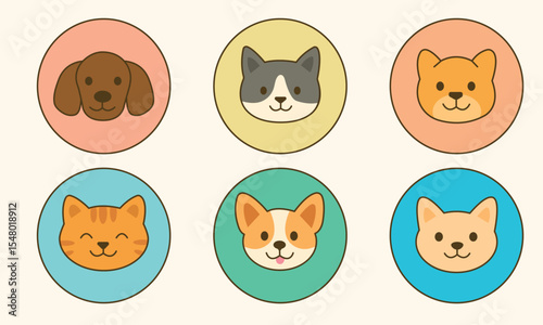 Flat vector illustration featuring six cute animal faces – a mix of cats and dogs – each placed inside a colorful round badge.