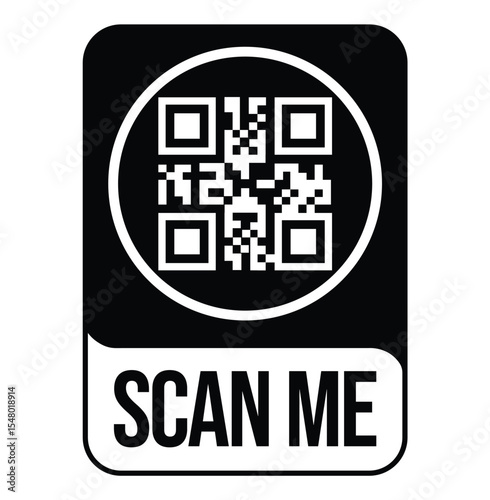 Black and white QR code with "SCAN ME" text below in bold sans-serif font. Simple, clean, flat design with rectangular black border. Minimalistic and functional style.