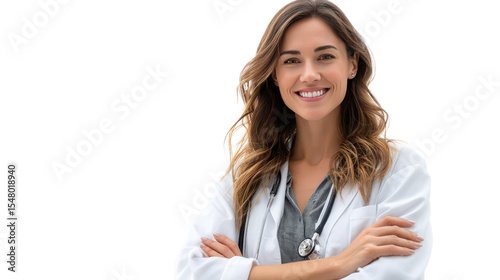 The Caring Physician: A confident female doctor smiles warmly with her arms crossed, embodying trustworthiness and expertise.