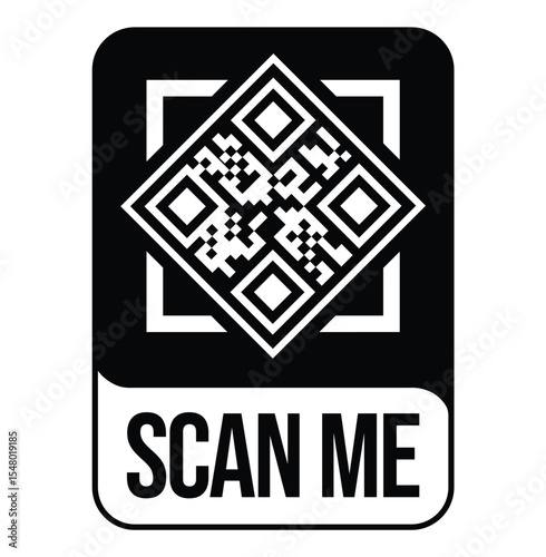 Black and white QR code with "SCAN ME" text below in bold sans-serif font. Simple, clean, flat design with rectangular black border. Minimalistic and functional style.
