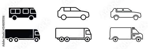 Car icon set. Solid black and outlined icons representing delivery vans, trucks, and pickups.