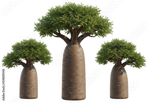 Three baobab trees different sizes isolated on black