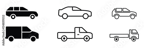 Car icon set. Solid black and outlined icons representing delivery vans, trucks, and pickups.