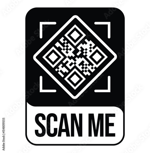 Black and white QR code with "SCAN ME" text below in bold sans-serif font. Simple, clean, flat design with rectangular black border. Minimalistic and functional style.