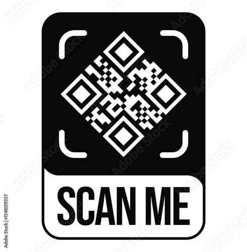 Black and white QR code with "SCAN ME" text below in bold sans-serif font. Simple, clean, flat design with rectangular black border. Minimalistic and functional style.