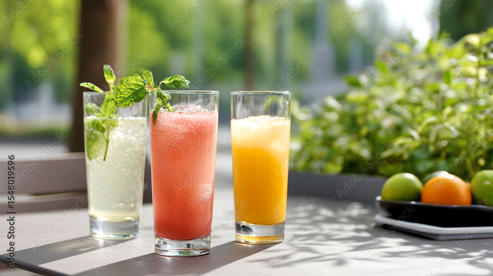 Fototapeta premium Refreshing summer drinks on a sunlit terrace with vibrant greenery