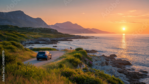 A blue SUV navigates a winding coastal road at sunset, with a stunning ocean view and sun-kissed sky, captured with dynamic motion blur, ideal for travel and adventure themes.

