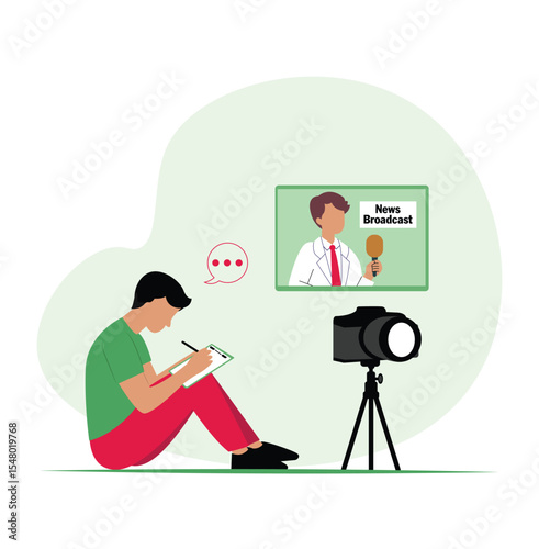 Journalist Taking Notes During News Broadcast