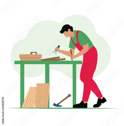 Carpenter Working on Wood with Hand Tools