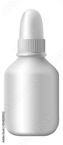 Small white plastic medical bottle with dispensing nozzle cap standing on white background is a perfect mockup for nasal spray, eye drops, tincture or other medicine