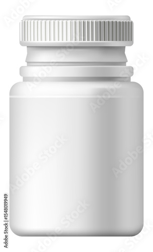 Realistic white plastic medicine bottle with ribbed cap is standing on a white background, creating a clean and sterile aesthetic perfect for showcasing pharmaceutical products or supplements